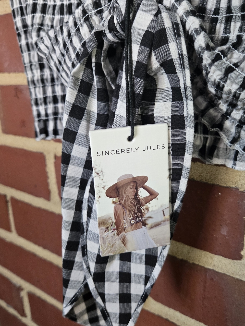 NWT Sincerely Jules Gingham Smocked Tube Top Black White Tie Front Size Large - Picture 2 of 5